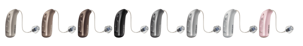 Oticon Real hearing aids in display in a line